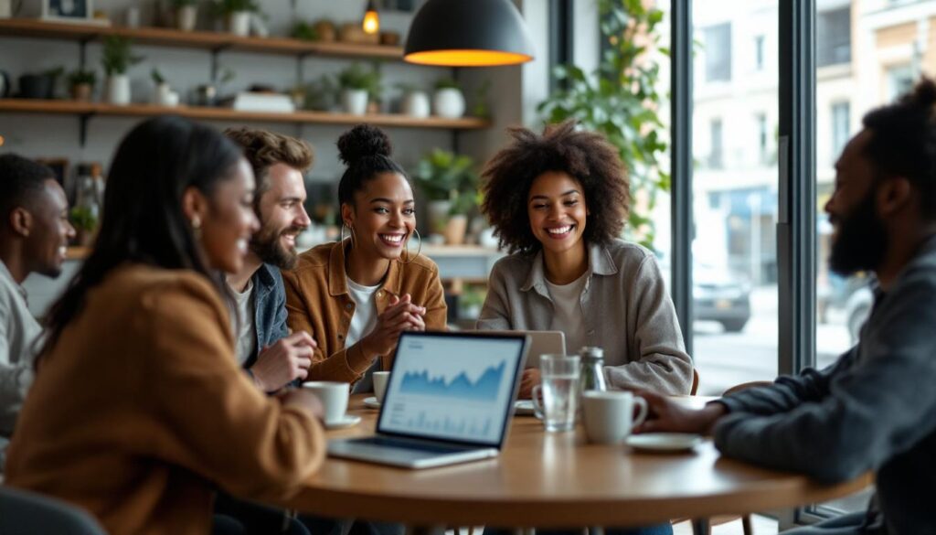 A photograph of a diverse group of people engaged in a discussion at a cozy coffee shop