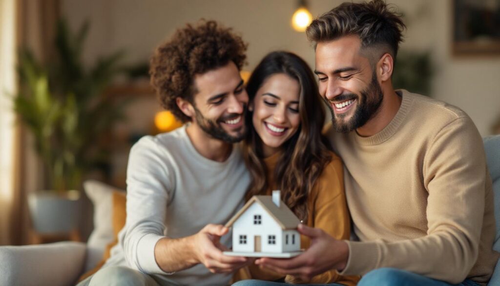 A photograph of a cheerful first-time homebuyer couple examining a house key and a small house model in a cozy