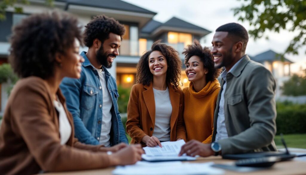 A photograph of a diverse group of hopeful homebuyers discussing their options in front of a modern home