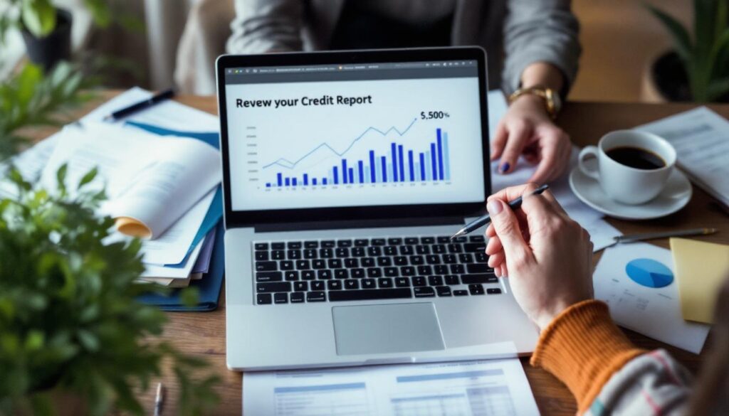 A photograph of a person reviewing their credit report at a desk