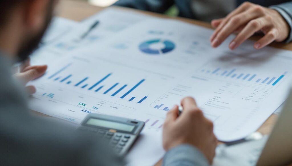 A photograph of a thoughtful investor reviewing financial documents and charts