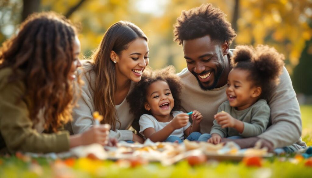 A photograph of a diverse family happily engaging in a fun activity together