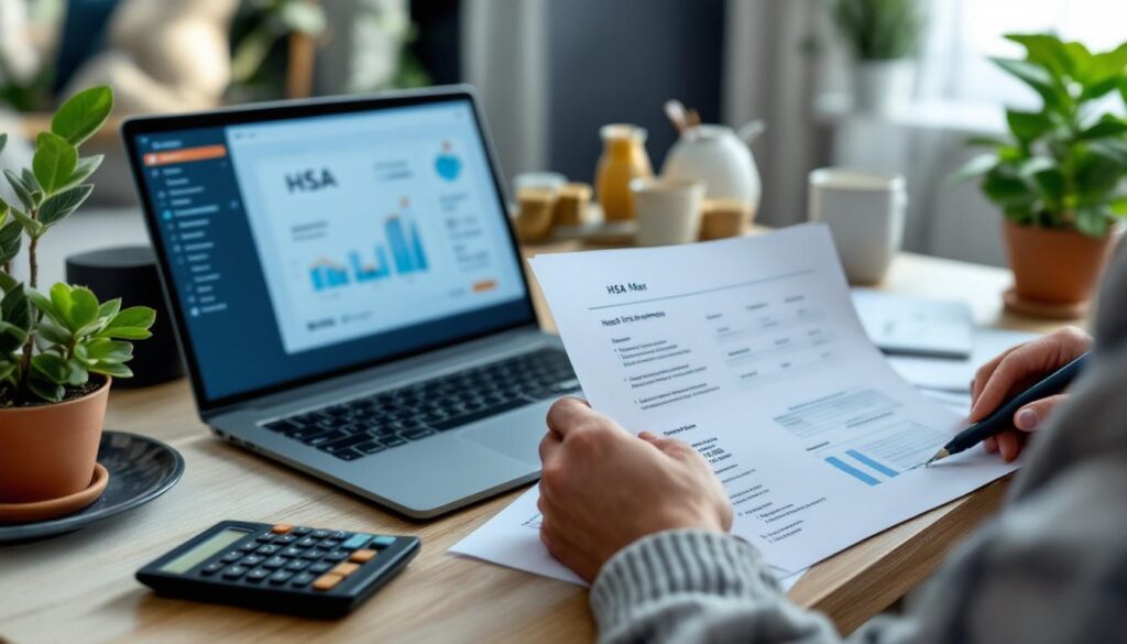 A photograph of a person thoughtfully reviewing their financial documents and health-related expenses at a cozy home office desk