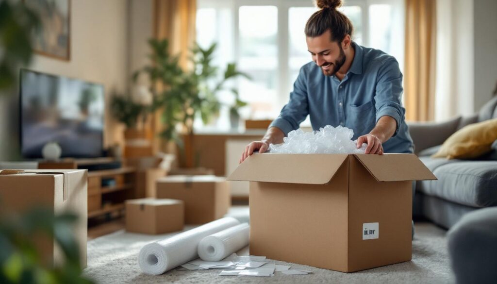 A photograph of a person packing boxes in a well-organized living space