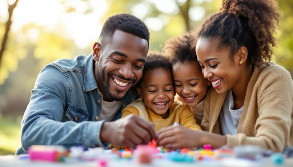 A photograph of a joyful family engaging in a fun activity together