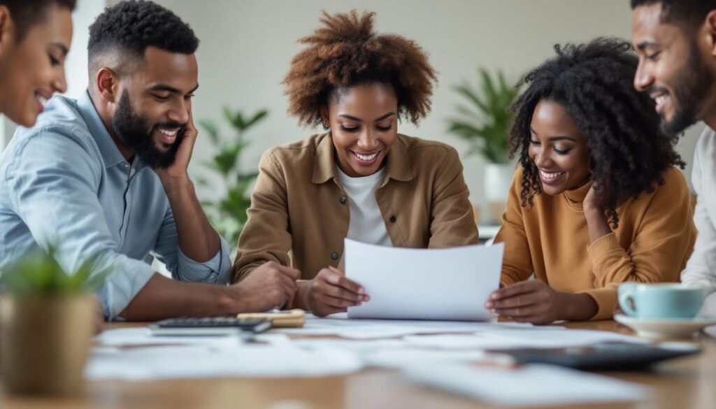 A photograph of a diverse group of individuals reviewing financial documents together at a table