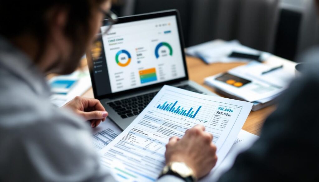 A photograph of a person thoughtfully reviewing their credit card statements and financial documents at a desk