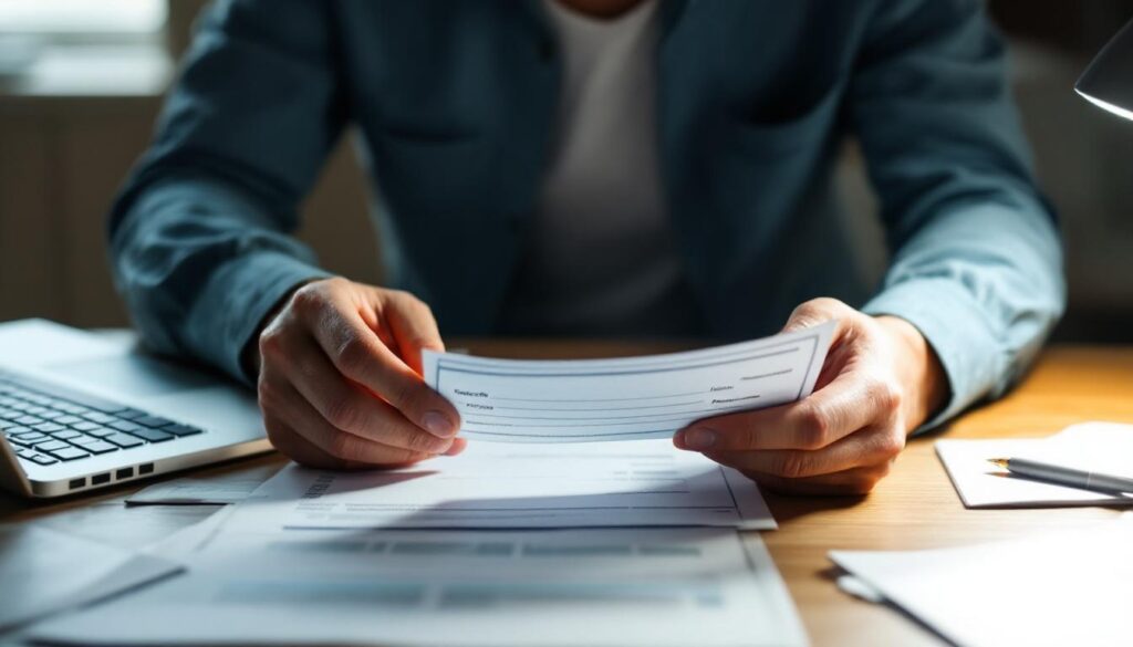 A photograph of capture a photograph of a person cautiously examining a check under bright light