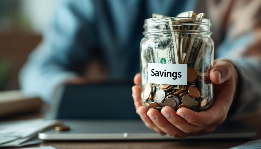 A photograph of capture a photograph of a person holding a clear jar labeled "savings" filled with coins and dollar bills