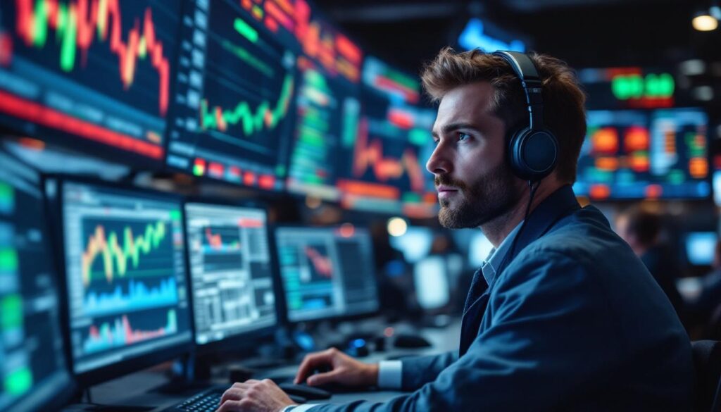 A photograph of capture a photograph of a bustling stock market trading floor with traders actively monitoring multiple screens displaying stock charts and financial data