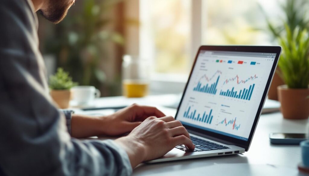 A photograph of capture a photograph of a person thoughtfully analyzing stock charts and financial reports on a laptop or tablet