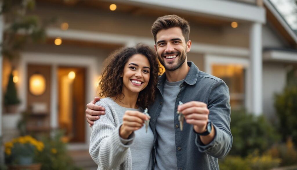 A photograph of capture a photograph of a happy young couple standing in front of their new home
