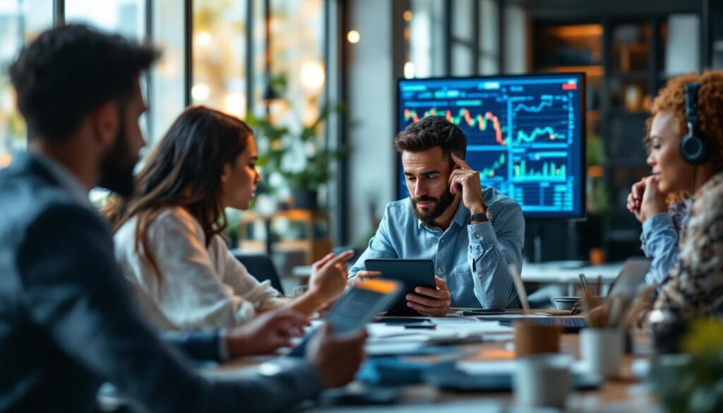 A photograph of capture a photograph of a diverse group of people analyzing stock market charts and financial data on multiple digital devices