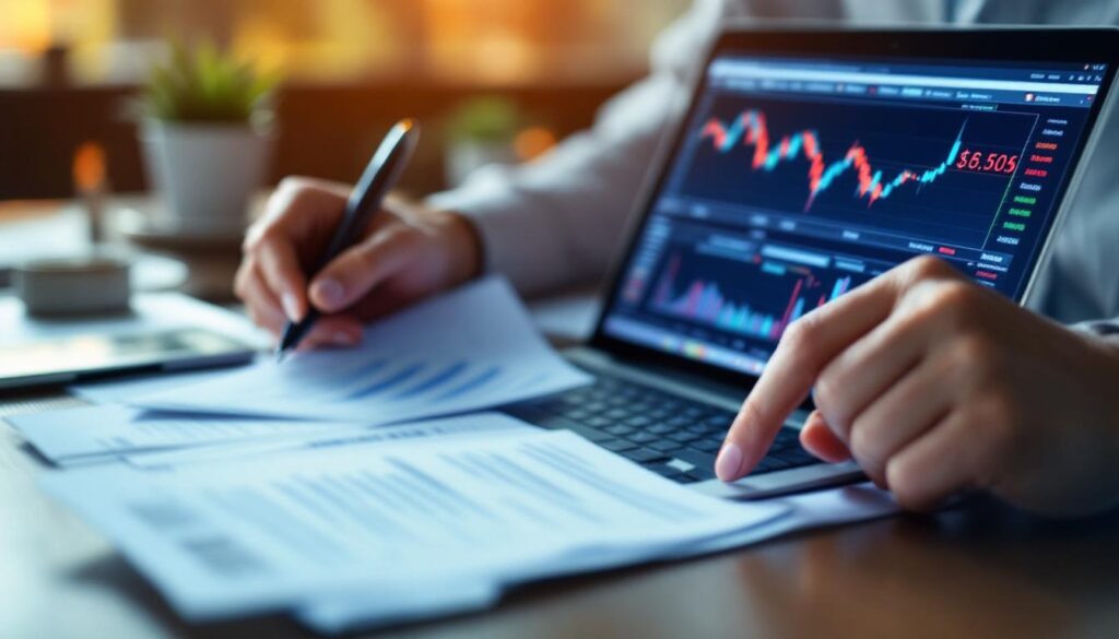 A photograph of capture a photograph of a confident person reviewing financial documents or a laptop screen displaying stock charts