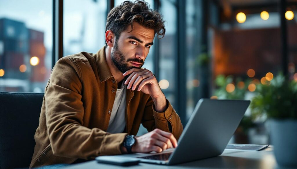 A photograph of capture a photograph of a thoughtful investor reviewing stock market data on a laptop or tablet