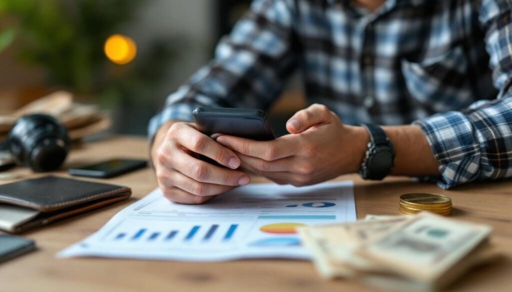 A photograph of capture a photograph of a person reviewing their bank statement or using a smartphone banking app