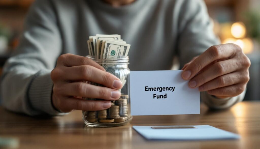 A photograph of capture a photograph of a person securely placing cash into a clear emergency fund jar or a close-up of a well-organized savings envelope labeled “emergency fund” in a cozy home setting