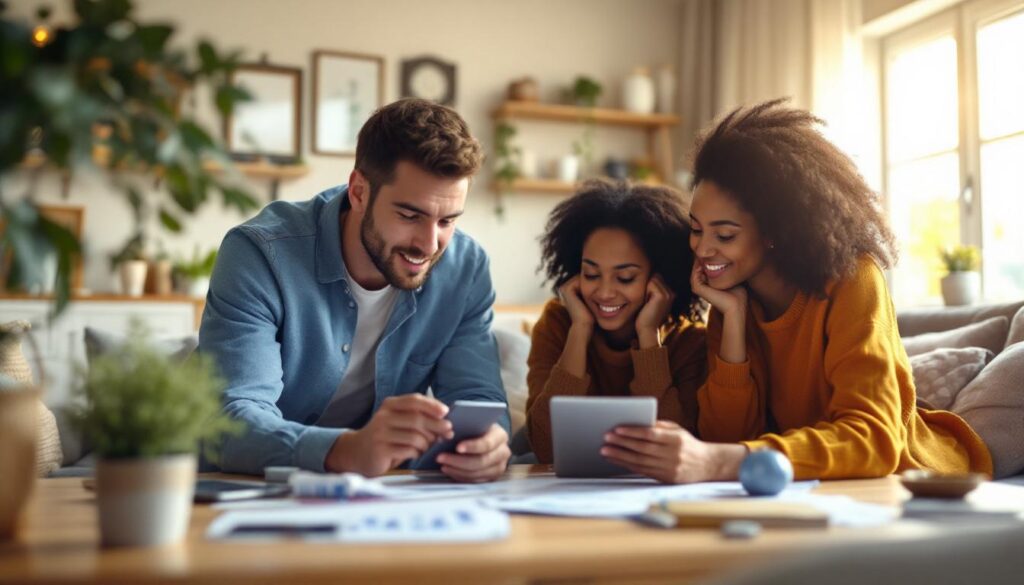 A photograph of capture a photograph of a diverse group of people thoughtfully reviewing their finances at a cozy home setting