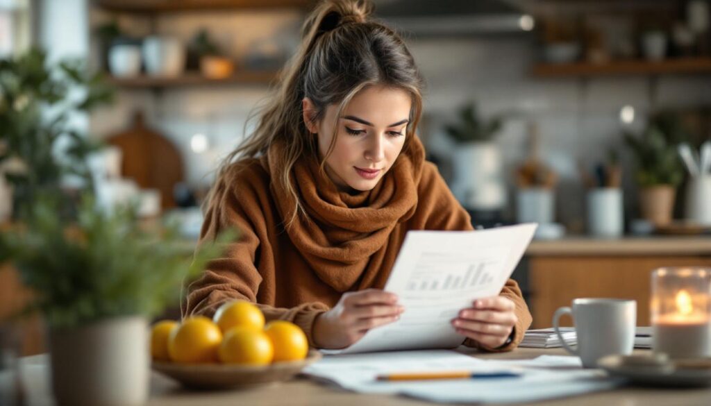 A photograph of capture a photograph of a person reviewing their bank statements or mobile banking app at a kitchen table