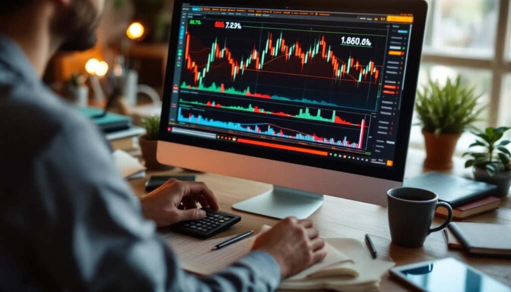 A photograph of capture a photograph of a person analyzing stock charts and financial data on a computer screen