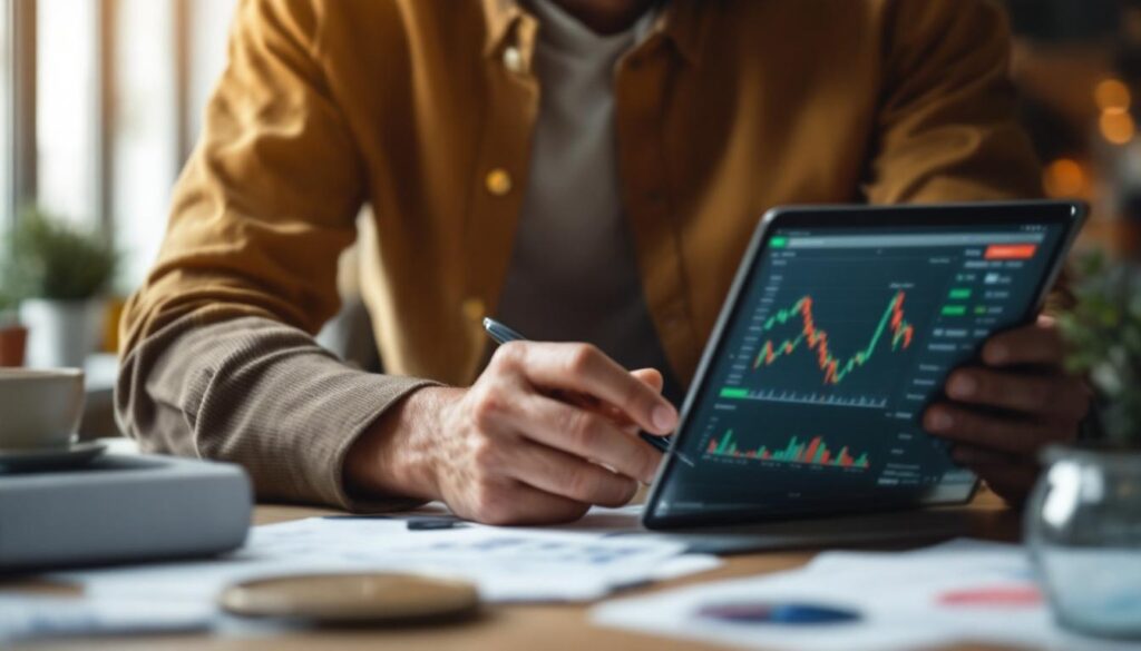 A photograph of capture a photograph of a confident individual analyzing stock charts on a laptop or tablet
