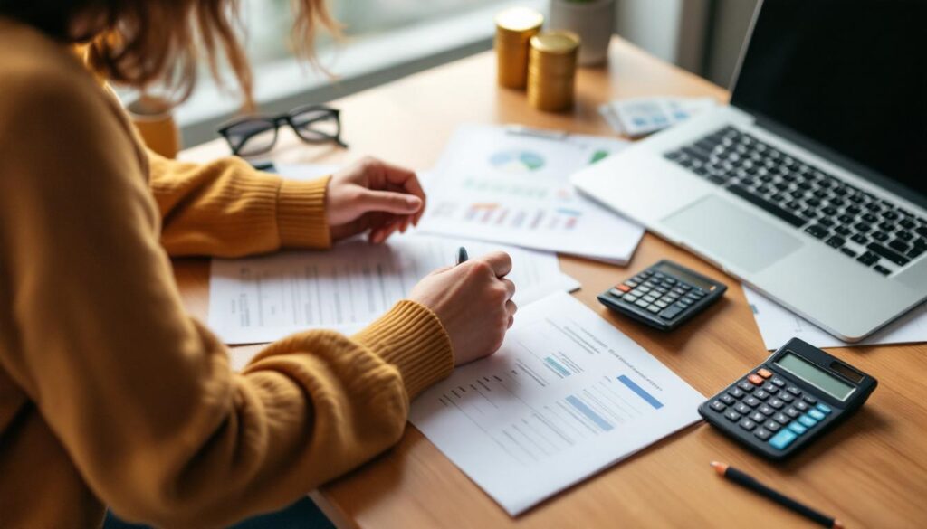 A photograph of capture a photograph of a person thoughtfully reviewing their budget and savings goals at a cozy desk