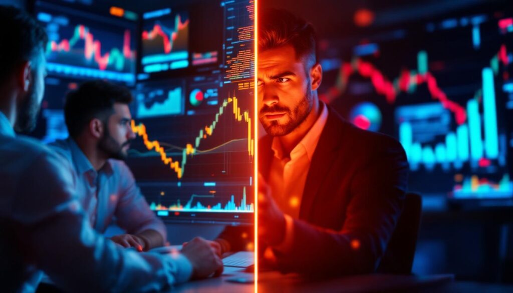 A photograph of capture a photograph of a split image featuring a confident investor analyzing rising stock charts on one side and a concerned trader watching declining market graphs on the other