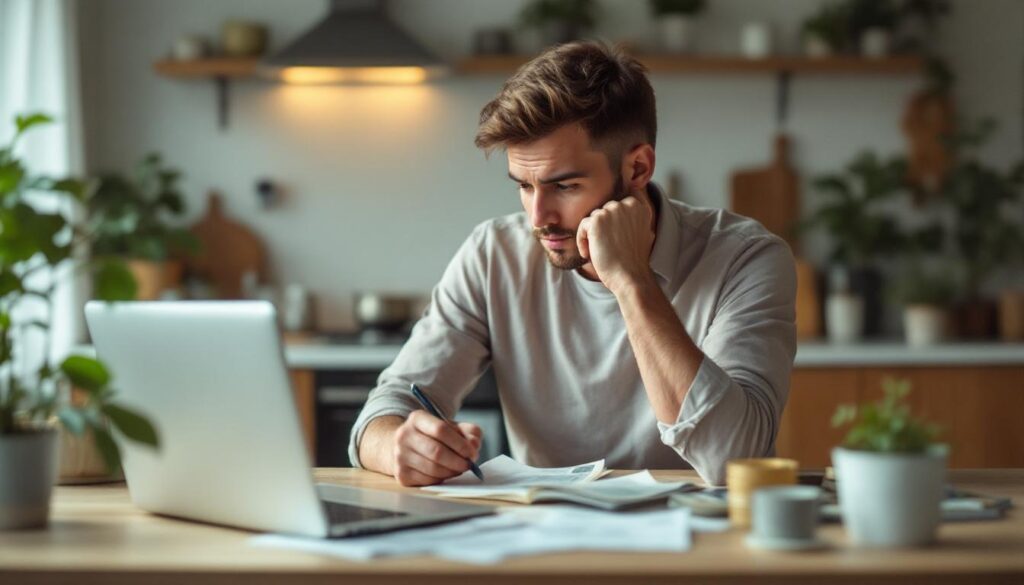 A photograph of capture a photograph of a thoughtful person reviewing their finances at a kitchen table