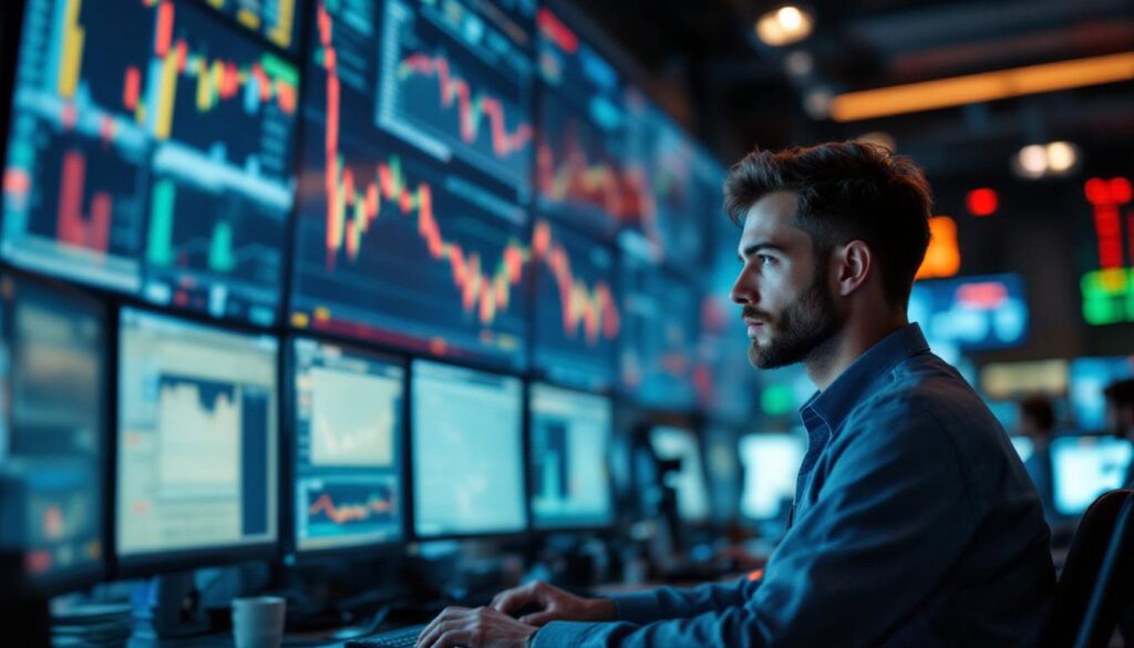 A photograph of capture a photograph of a modern stock market trading floor with large digital screens displaying stock charts and graphs