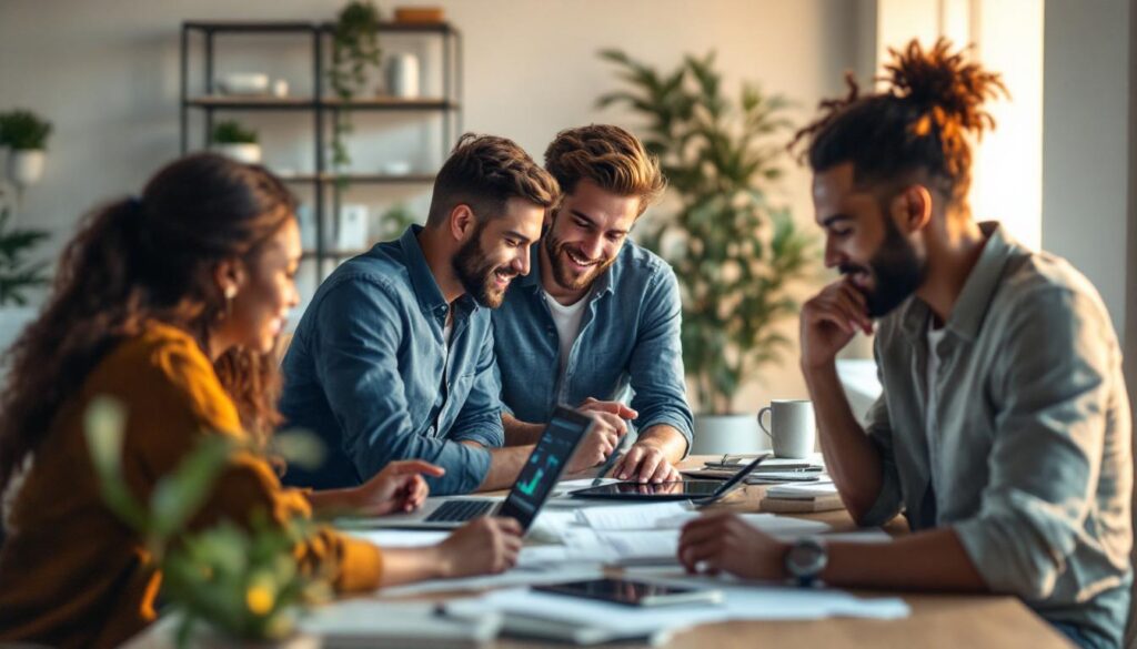 A photograph of capture a photograph of a diverse group of people confidently managing multiple digital devices displaying various brokerage platforms and financial graphs
