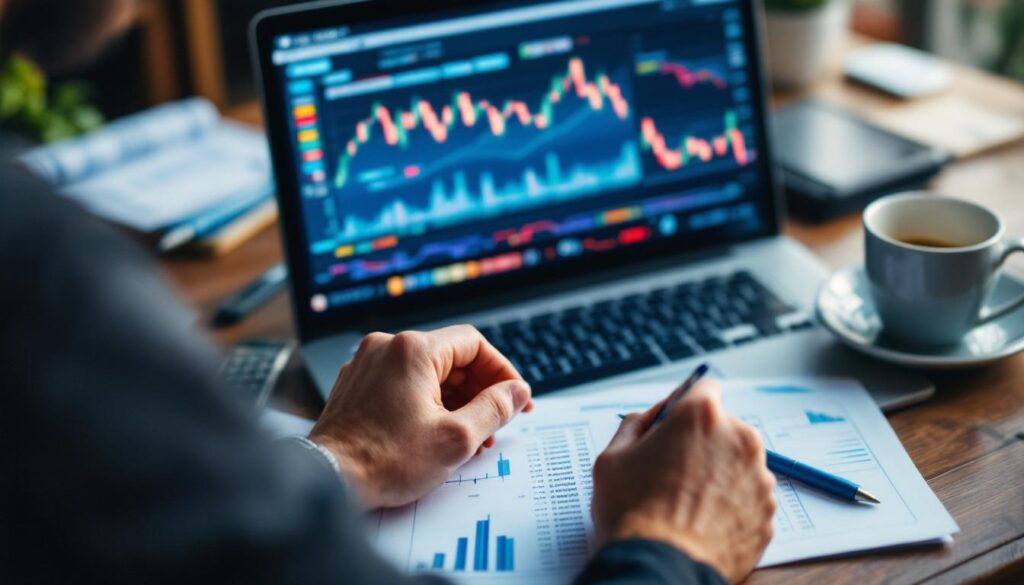 A photograph of capture a photograph of a person reviewing financial documents or a laptop screen displaying stock market charts