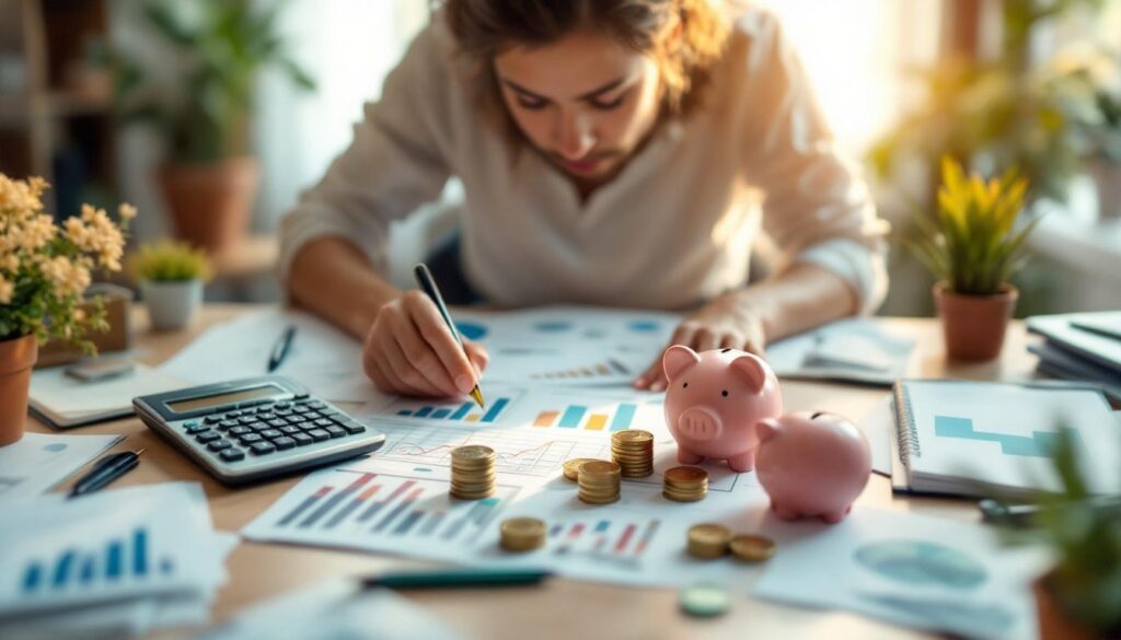 A photograph of capture a photograph of a person thoughtfully organizing their finances at a desk surrounded by various savings tools like a piggy bank