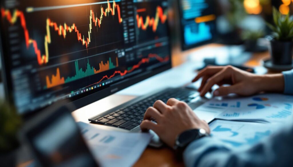 A photograph of capture a photograph of a person analyzing stock market charts on a computer screen