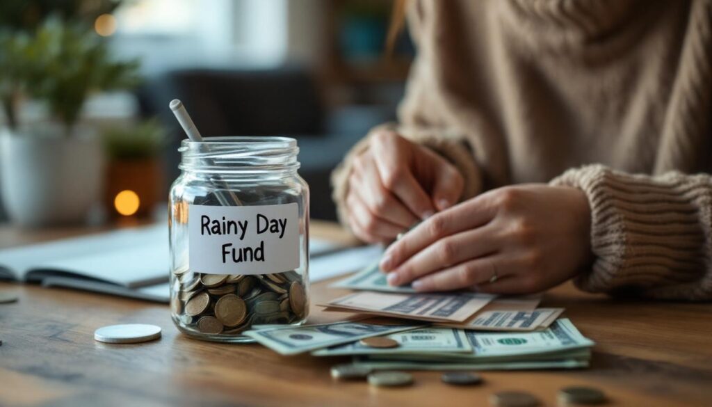 A photograph of capture a photograph of a cozy indoor scene with someone organizing their finances or counting cash next to a clear jar labeled "rainy day fund