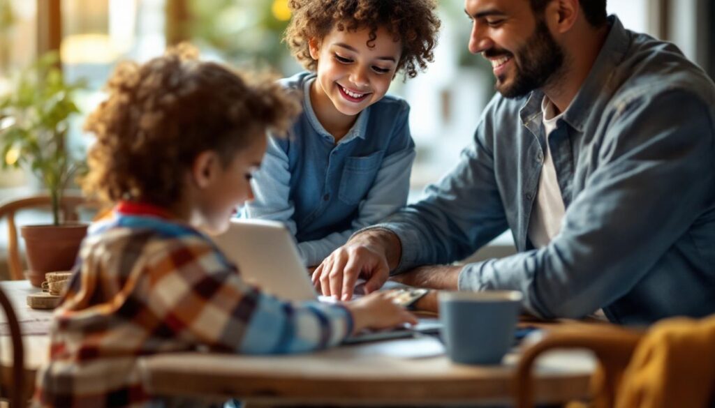 A photograph of capture a photograph of a parent and child sitting together at a table