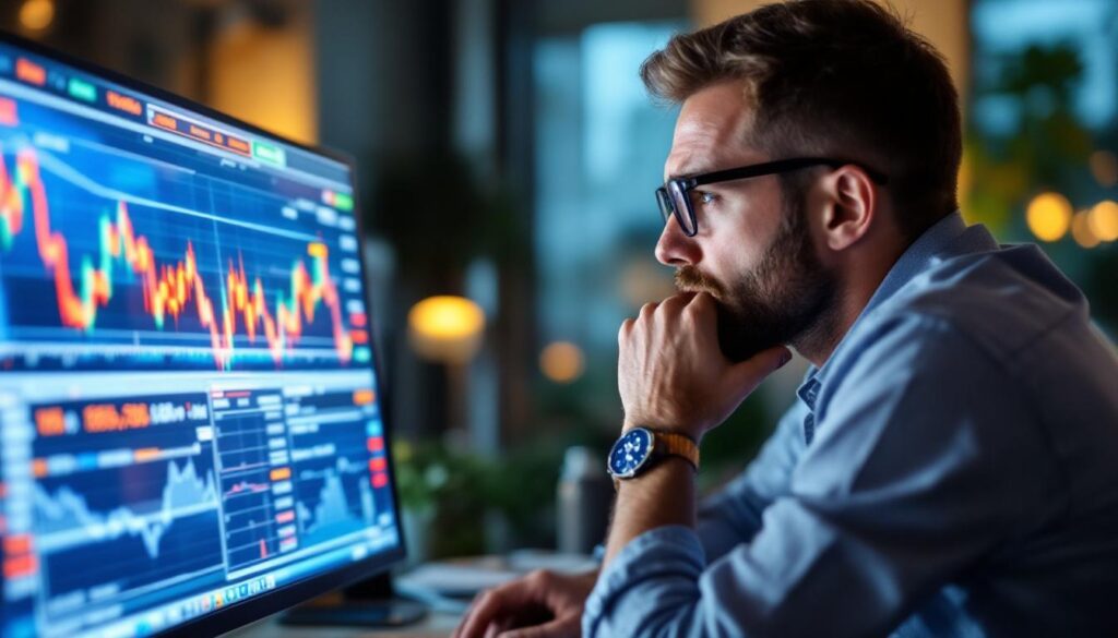 A photograph of capture a photograph of a worried investor closely watching multiple stock market graphs and numbers on a computer screen