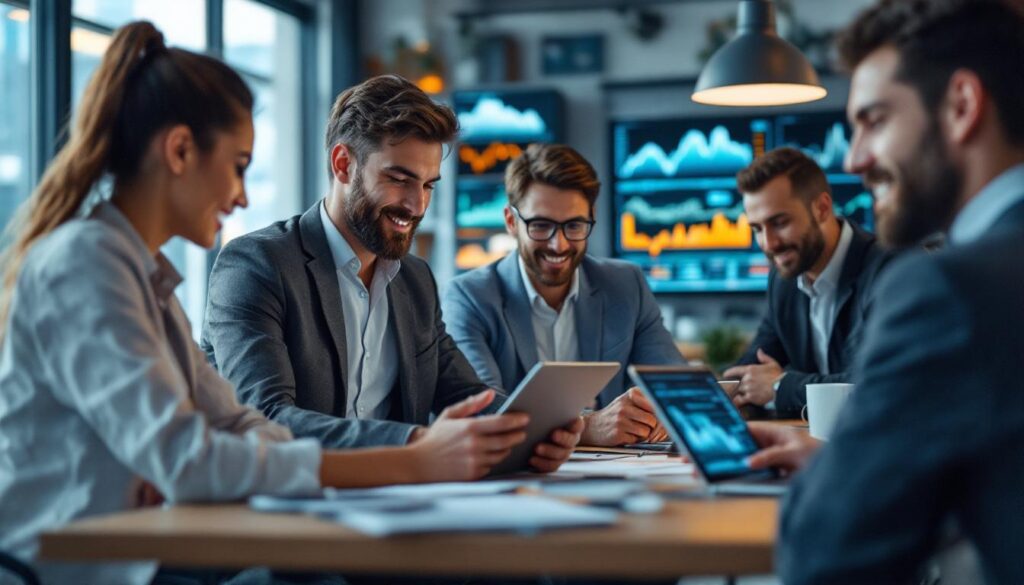 A photograph of capture a photograph of a diverse group of professionals reviewing financial charts and digital investment tools on laptops and tablets in a modern office setting