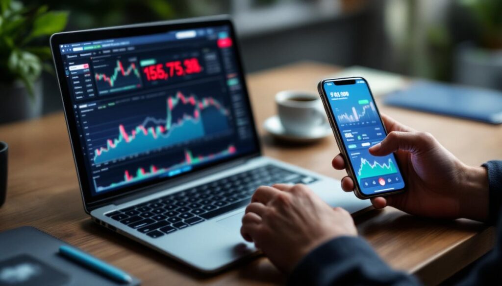A photograph of capture a photograph of a person comparing two digital trading platforms on a laptop and smartphone