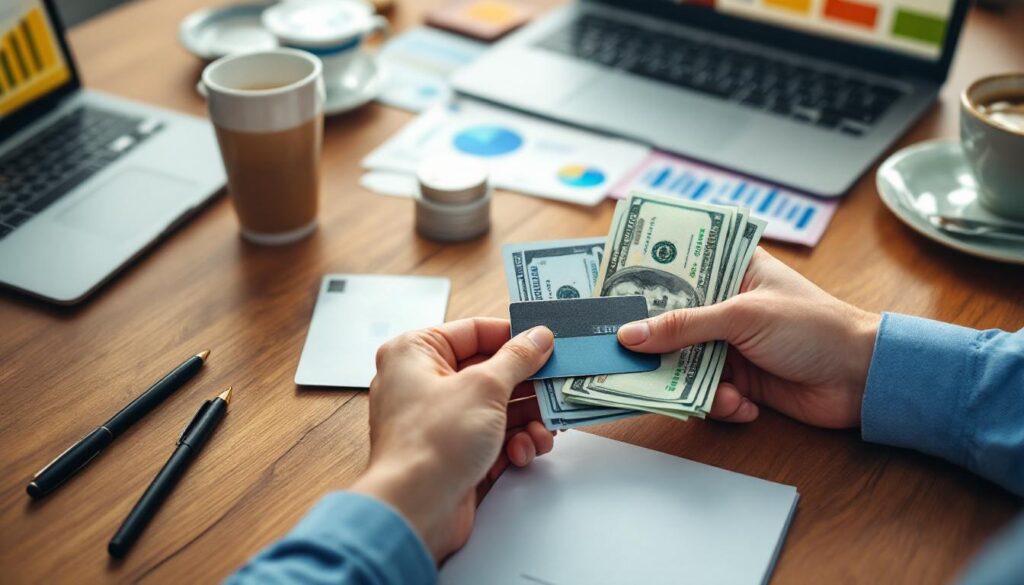 A photograph of capture a photograph of a person organizing cash and bank cards on a wooden table