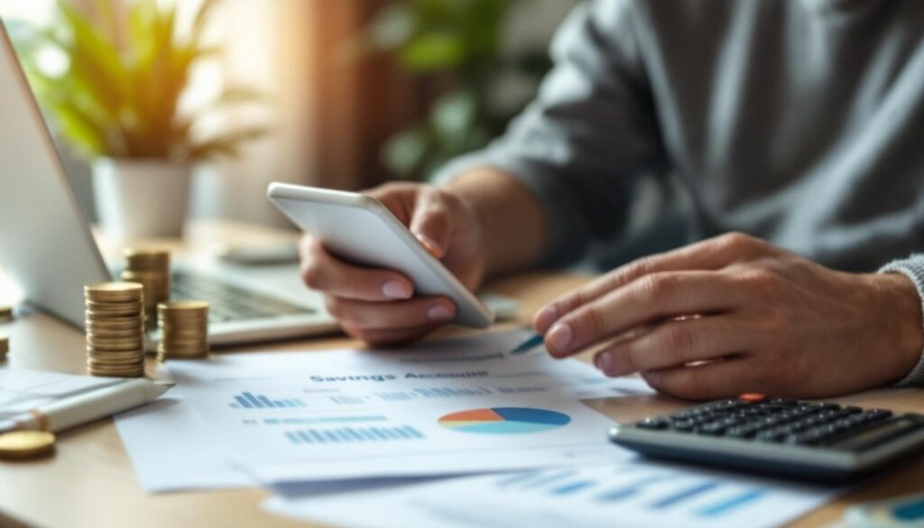 A photograph of capture a photograph of a person reviewing their savings account statement on a laptop or smartphone