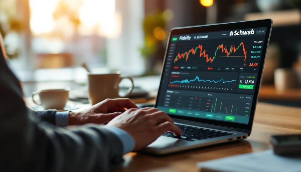 A photograph of capture a photograph of a modern workspace featuring a laptop displaying financial charts or investment platforms
