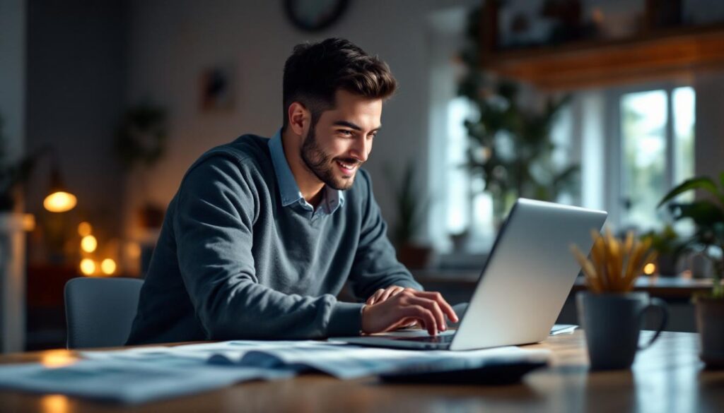 A photograph of capture a photograph of a young adult confidently reviewing stock charts on a laptop in a bright