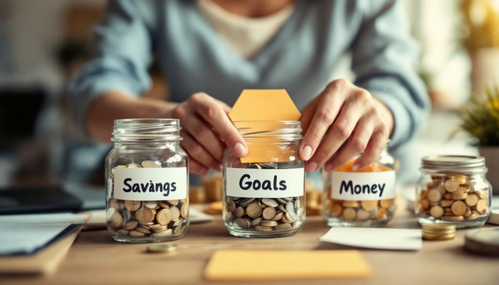 A photograph of capture a photograph of a person organizing multiple savings jars or envelopes labeled for different financial goals