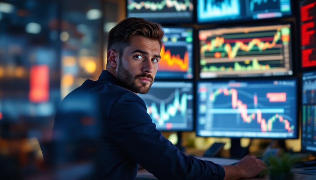 A photograph of capture a photograph of a professional stockbroker at their desk