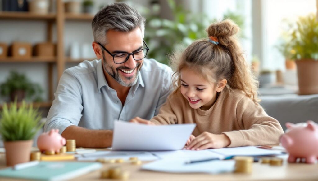 A photograph of capture a photograph of a parent or guardian happily reviewing financial documents or a laptop screen alongside a child