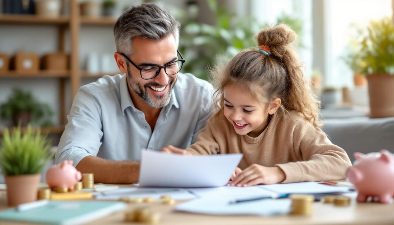A photograph of capture a photograph of a parent or guardian happily reviewing financial documents or a laptop screen alongside a child