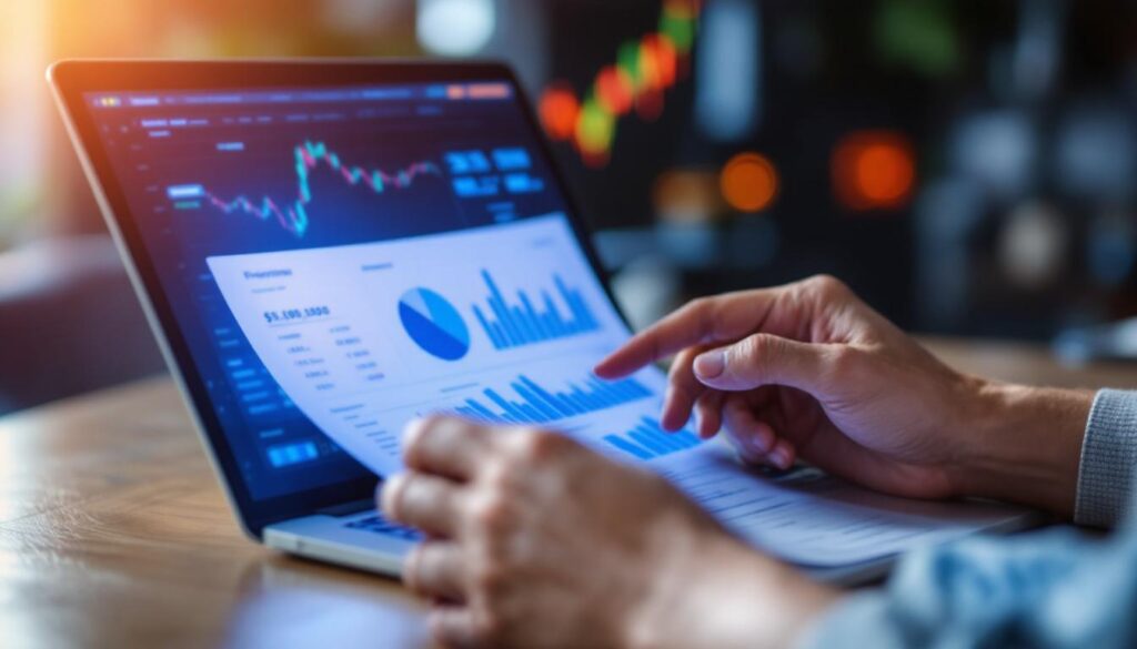 A photograph of capture a photograph of a person reviewing financial documents and charts on a laptop or tablet