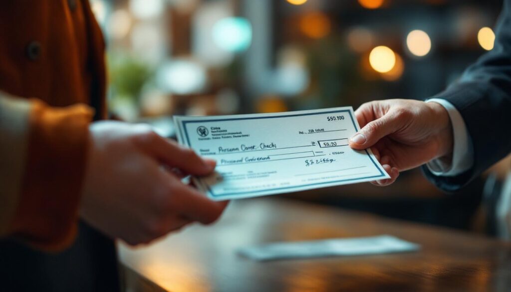A photograph of capture a photograph of a close-up view of a personal check being handed over or deposited at a bank teller's window