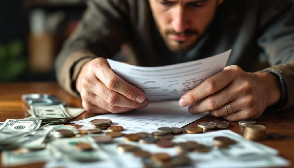 A photograph of capture a photograph of a worried person reviewing a bank statement or bills at a table surrounded by coins and dollar bills