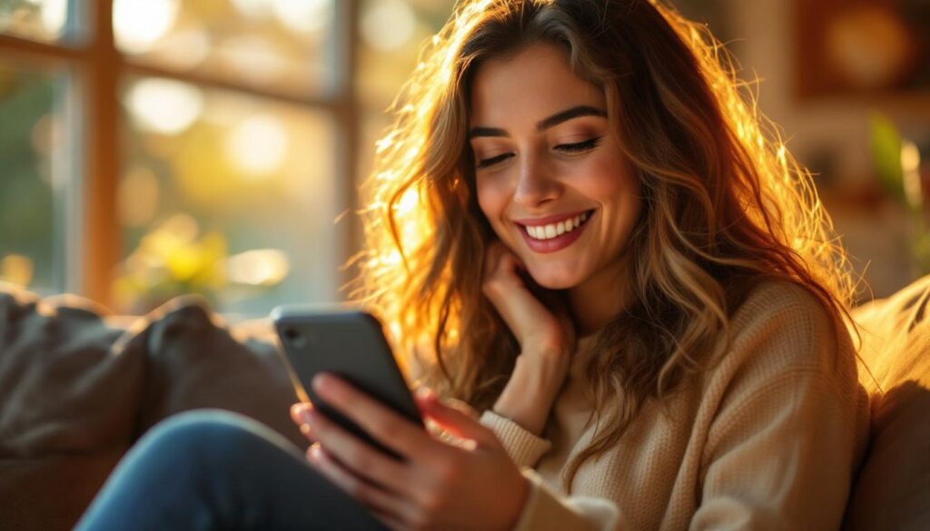 A photograph of capture a photograph of a person happily checking their smartphone or bank app early in the morning